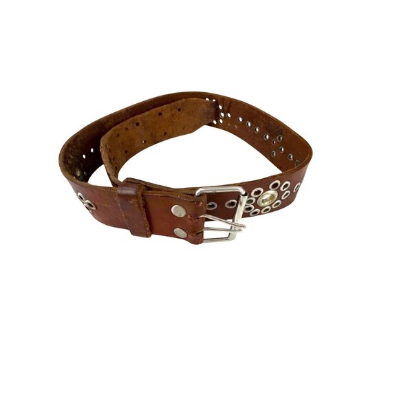 Vintage Brown Leather 1970s Grommet Belt 31” Punk Western Style Double Prong - Picture 1 of 6